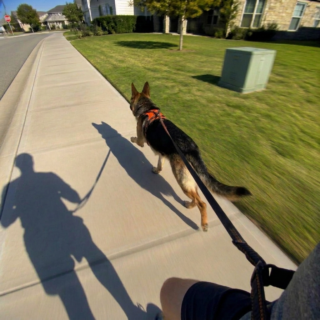 Action photo of a German Shepherd in a running harness jogging on a sidewalk